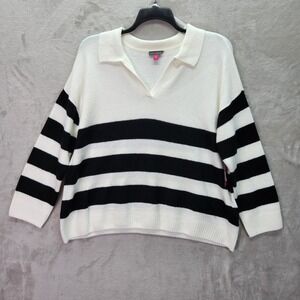 Vince Camuto Sweater Womens 3X White Black Stripe Collared VNeck Knit Top Career
